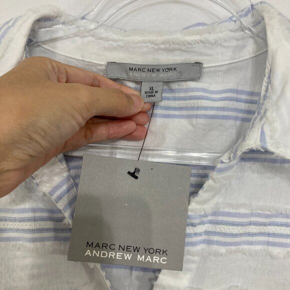 New Andrew Marc XL Blue White Striped Ruched Sleeve Gauze Button Tie Front Shirt - Picture 3 of 8
